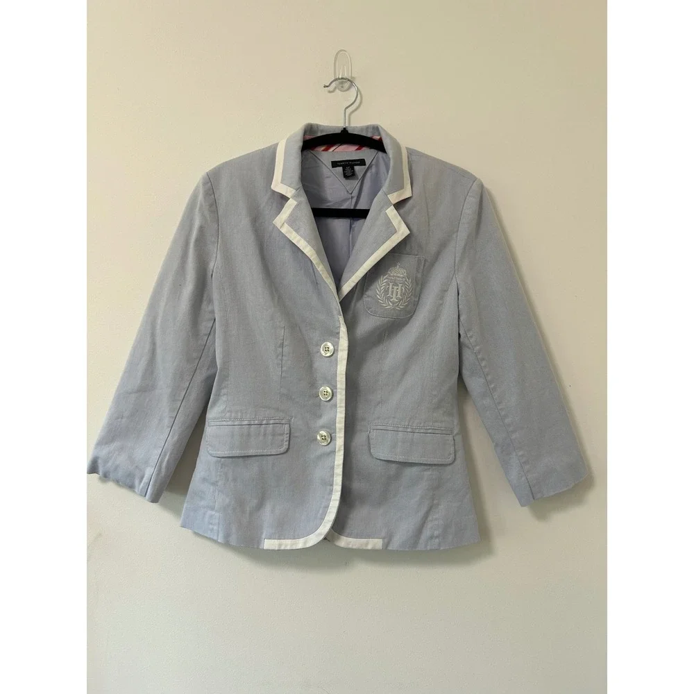 Tommy Hilfiger Blazer Womens Small Light Blue Excellent Preppy Crest Trim